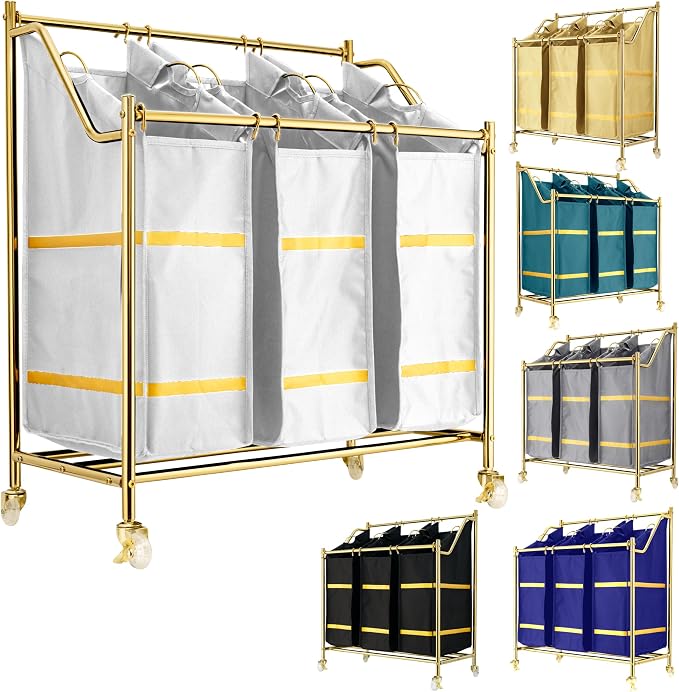 LUXURY STYLE 3- Sections Laundry Sorter, Roling Laundry Cart, Modern Golden Hamper, 3-Bags Organizer with Wheels, Laundry Basket, XL Hamper for Clothes, Toys, and Towels (Classic White) by Unknown