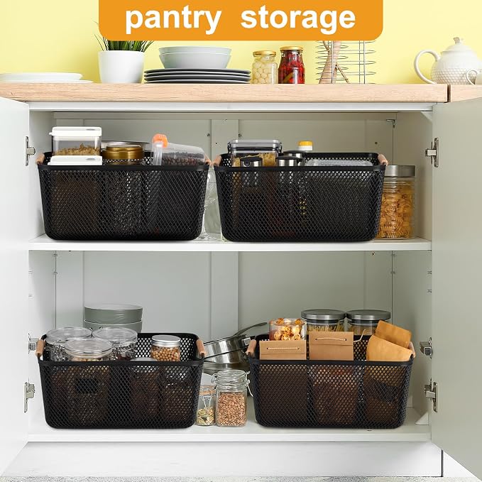 Tioncy 4 Pcs Plastic Mesh Baskets with Wood Handle Woven Mesh Storage Organizer Bins Multi-function Rectangle Baskets for Home Pantries Shelves Closet Kitchens Bedrooms(13.98 x 9.02 x 6.38 Inches) - Image 6