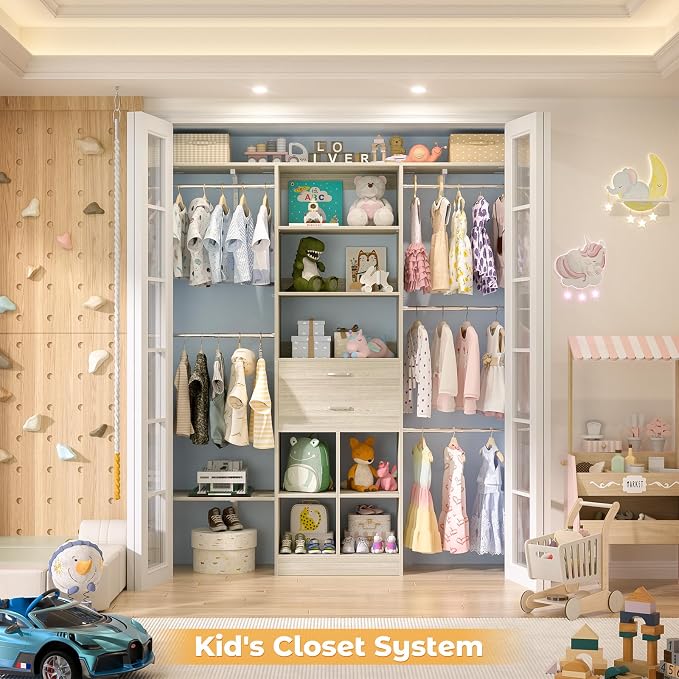 Small Closet System - 5FT Closet Organizer System with Wooden Drawers, 60 Inches Walk In Closet System With 5 Hanging Rods, Can Fit 1.58 to 6.8 FT with Reversible Hanging Shelving, Greige Oak - Image 7