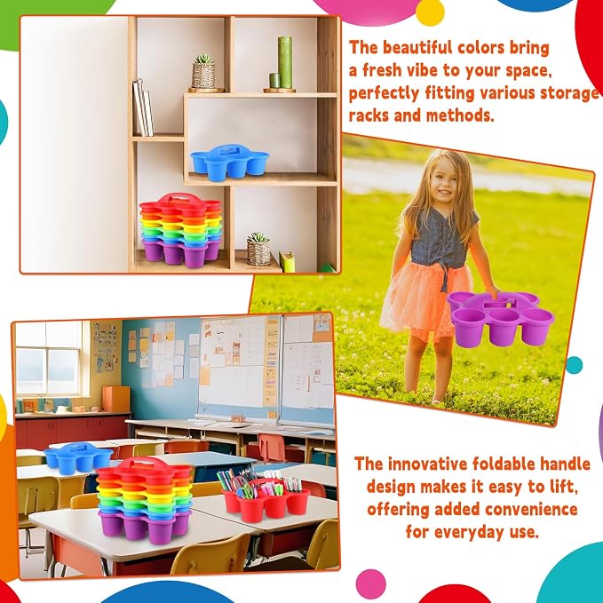 6 Pack Classroom Caddy Organizer with Handle, 6 Compartments, Colorful | Stackable Plastic Table Caddies, 12x9x3.5 In, caddy Organizer for School Supplies, Crayons, Pencils, Crafts and Drink Cups - Image 6