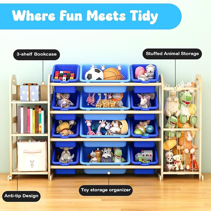 Kids Toy Storage Organizer, Toy Organizers and Storage with Stuffed Animal Storage, Toy Storage Shelf with 3 Shelves, 12 Storage Bins, Kids Bookshelf, Toy Holder for Playrooms, Bedrooms, Blue - Image 7