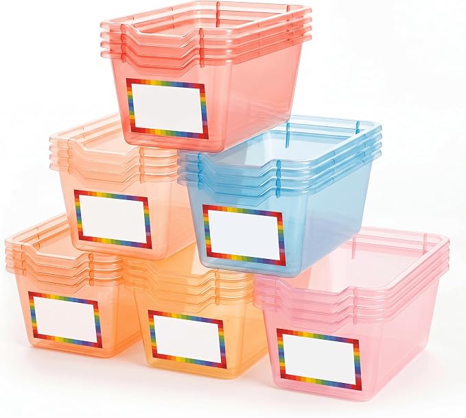 Funrous 24 Pack Plastic Cubby Bins for Classroom, Stackable Storage Bins with Rainbow Labels and Handles Cubby Organizer Containers for Teacher Supplies Home Office Daycare and Playroom (Orange) by Funrous