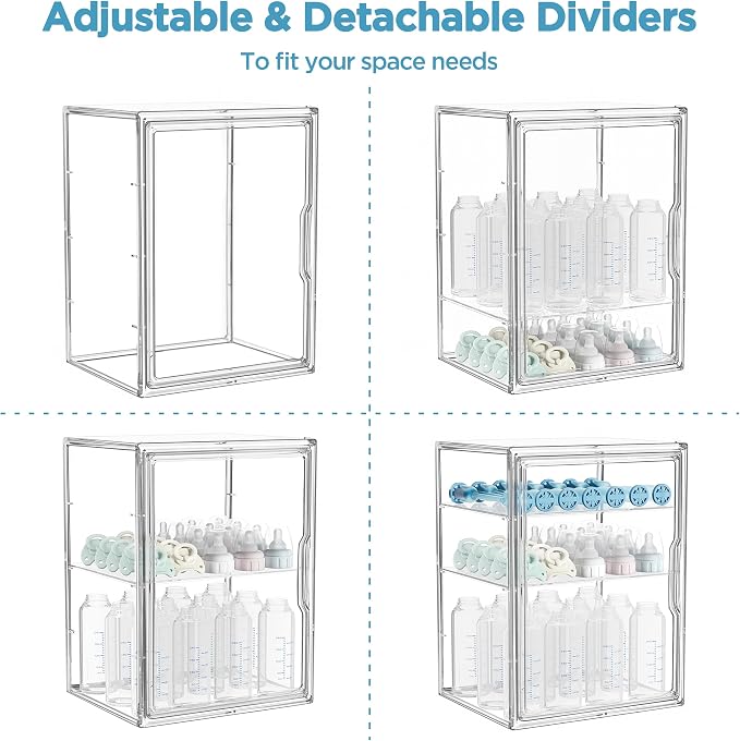 HBlife Baby Bottle Storage Organizer for Countertop Cabinet, 3 Tiers Adjustable Clear Acrylic Bottles Storage Station Case Box Container with 2 Removable Dividers and Magnetic Door, Large - Image 6