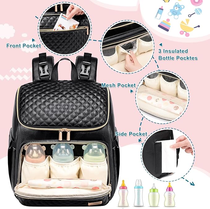 Diaper Bag Backpack Leather Baby Diaper Bag with Changing Pad Travel Diaper Backpack,Baby Bag for Mom,Stroller Straps,5 Insulated Pockets (Black Leather) - Image 3