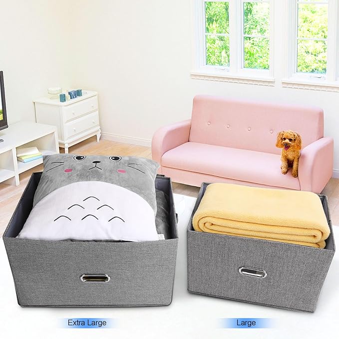 Large Linen Fabric Foldable Storage Bins with Removable Lid and Handles, Washable Storage Box Organizer Containers Baskets Cube with Cover for Bedroom,Office(Pink, Extra Large) - Image 4
