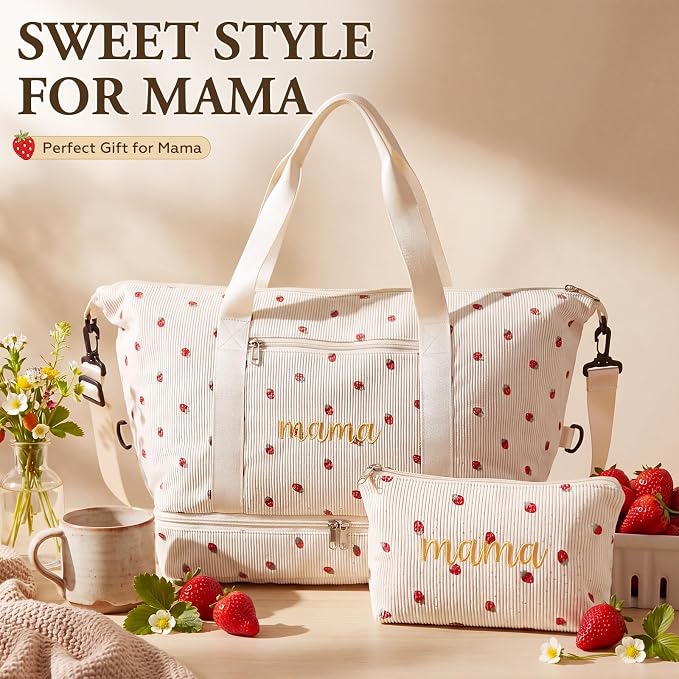 Dansydaisy Strawberry Mama Hospital Bag for Women Labor Delivery Travel Duffle Bag with Shoe Compartment Toiletry Pouch Waterproof Letter Embroidered for Pregnancy Weekender Overnight Gym Gift, Beige - Image 2