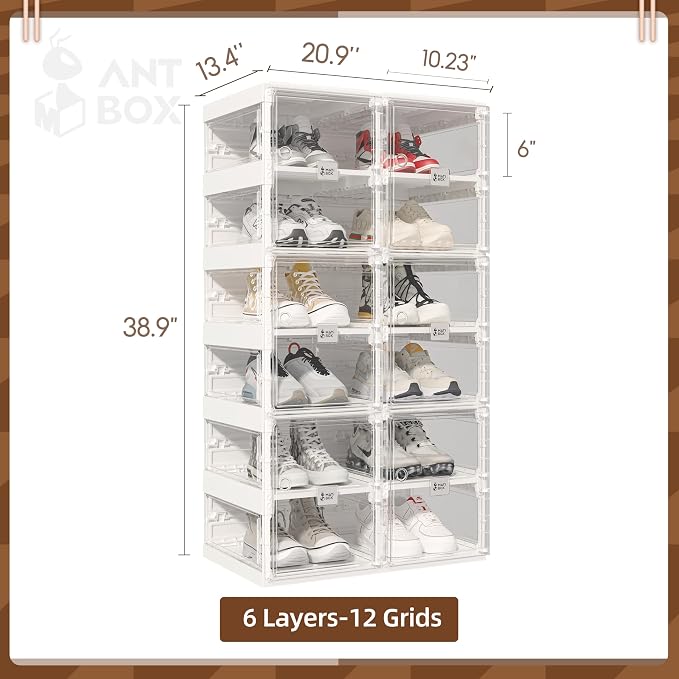 ANTBOX Foldable Shoe Rack,Shoe Organizers for Closet Plastic Shoe Storage Box Space Saving for Entryway, Large Sturdy Stackable Sneaker Cabinet Bins with Magnetic Clear Door 6 Tiers 12 Pairs - Image 3