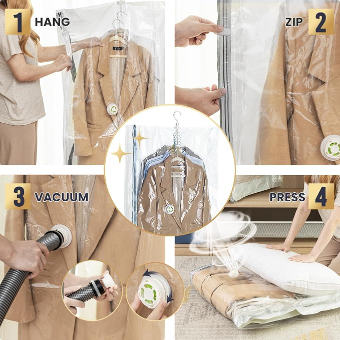 TAILI Hanging Vacuum Storage Bags for Clothes Space Saver 6 Combo Cream | Vacuum Seal Bags for Clothing Travel, Winter Clothes Storage Closet Organizers, Garment, Coats, Suits and Jackets - Image 6
