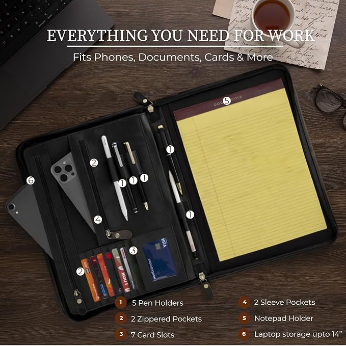 Leather Padfolio with Zipper – Business Portfolio for Men and Women, Legal Pad Portfolio, Leather Folder, Professional Padfolio for Meetings and Interviews - Image 2