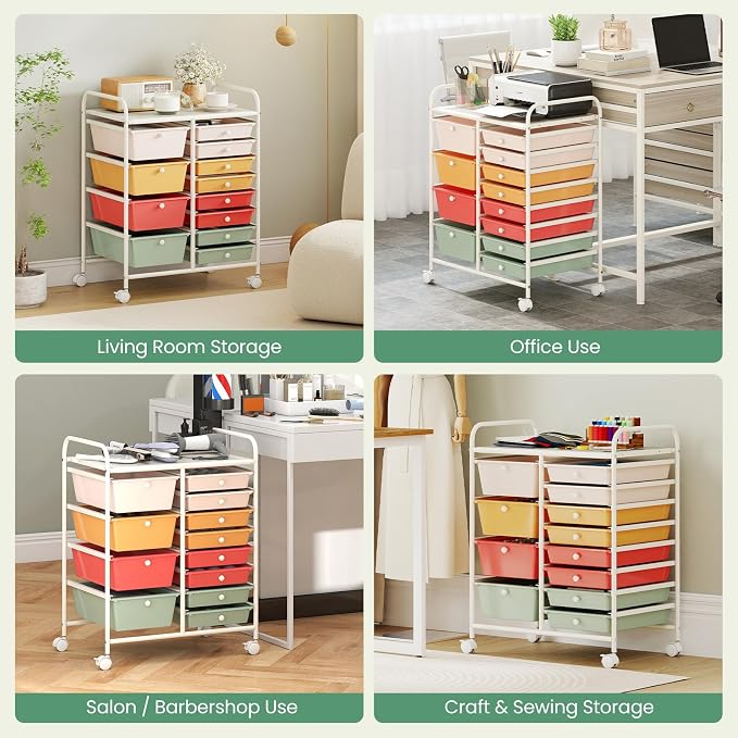 12 Drawer Rolling Storage Cart, Rolling Cart with Drawers for Classroom, Art Supply Craft Organizer on Wheel with Metal Frame & Handles for Home Office School (Macaron, 12 Drawer Left-Right) - Image 7