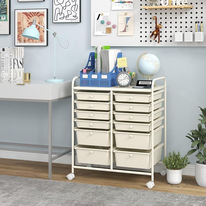 Giantex 12 Drawers Rolling Storage Cart, Classroom Organizers with Wheels for Tools Scrapbook Craft Paper Teacher Office School Supplies (Ivory) - Image 2