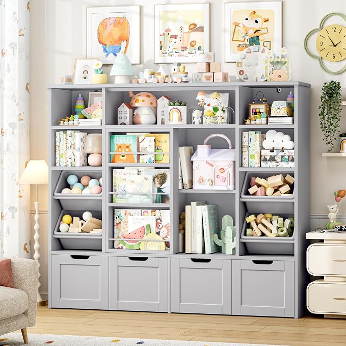 Toy Storage with Sliding Bookshelf, Toy Organizer with 4 Bins | 55.1’’ W Large Toy Storage Organizer Kids Bookshelf with 4 Movable Drawers, Toy Bins Playroom Storage for Kid Room, Grey by finetones