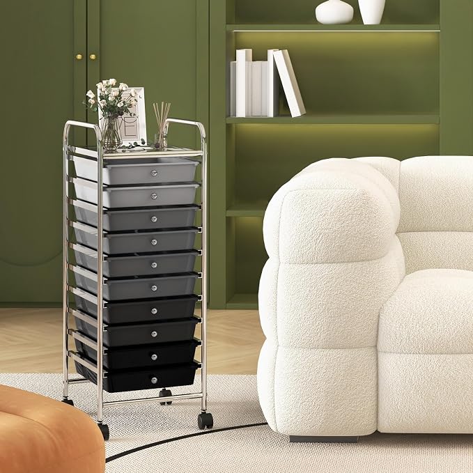 GOFLAME 10-Drawer Rolling Storage Drawer Cart, Utility Cart with Removable Drawers & Metal Frame, Mobile Art Craft Drawer Cart with Lockable Wheels for Home, Office, Studio, School, Gray Gradient - Image 9