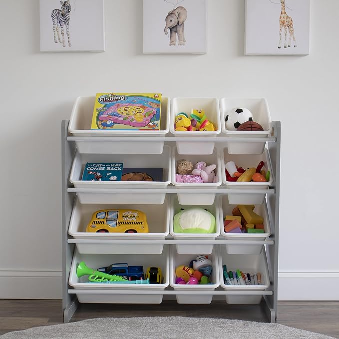 Humble Crew Kids Toy Organizer with 12 Bins, 4 Tier Storage for Playroom | Sturdy wood and steel toddler shelf, removable BPA-free containers, wall anchor anti-tip safety kit for bedroom or classroom - Image 2