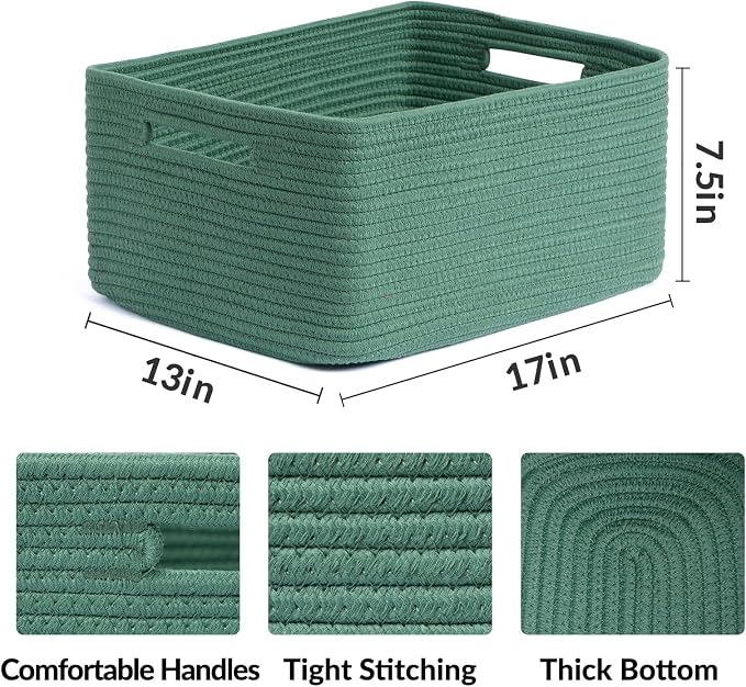 MiniArk Large Storage Baskets for Shelves, 17 x 13 x 7.5” Closet Organizers Bins for Clothes Blanket Towels, Baby Nursery, Toy Baskets Box, Woven Rope Baskets, 2 Packs Green - Image 2