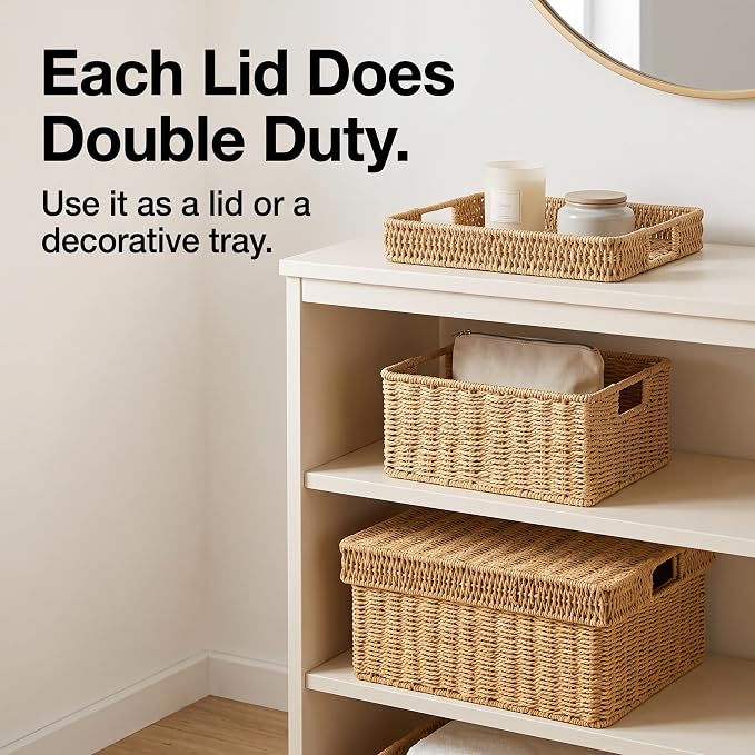 Wicker Storage Baskets with Lids for Shelves, 2-Basket Set, Natural | Two rectangular wicker baskets with removable lids, large and medium, for decorative shelf storage; lids flip into trays. - Image 2