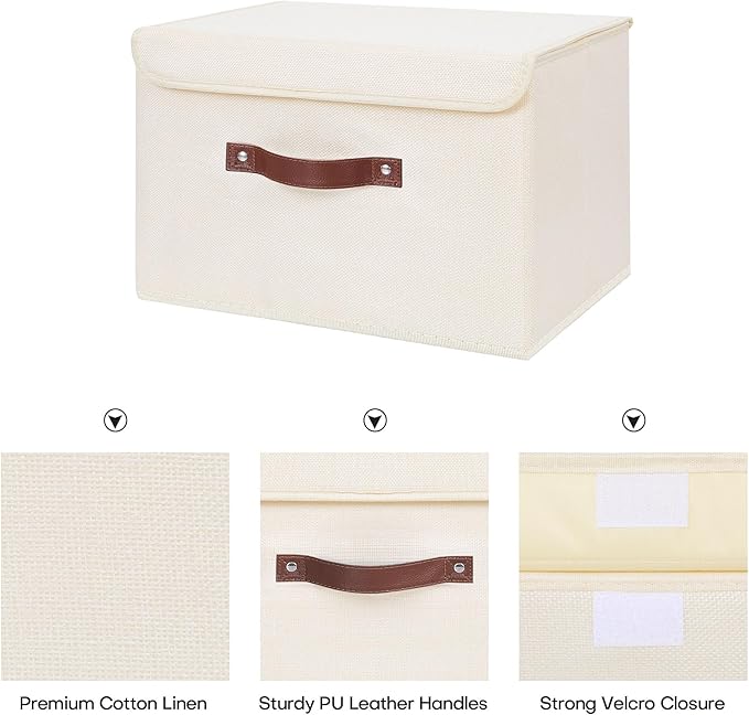 ANMINY Fabric Storage Box Bins with Lids, Beige, 13"x9"x7.9", 4 Pack | Keepsake Memory Storage, Cotton Linen, PP Board Reinforced, Washable, PU Handles, Foldable & Stackable, Decorative, Medium - Image 4