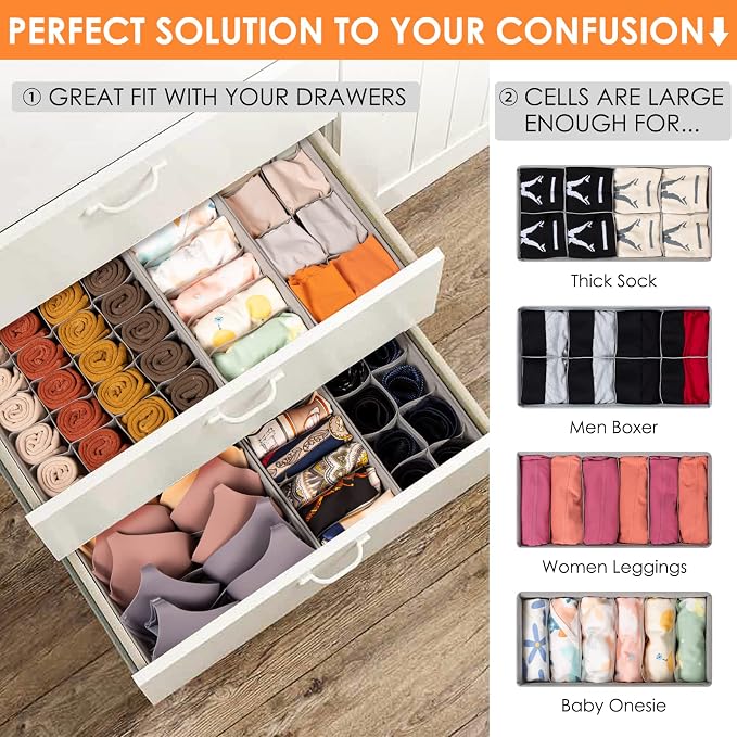 6 Pack Sock Underwear Drawer Organizer Dividers, 58 Cell Foldable Fabric Dresser Closet Organizers and Storage Bins for Clothing, Baby Clothes, Bra, Panty, Scarf, Ties (Grey) - Image 3