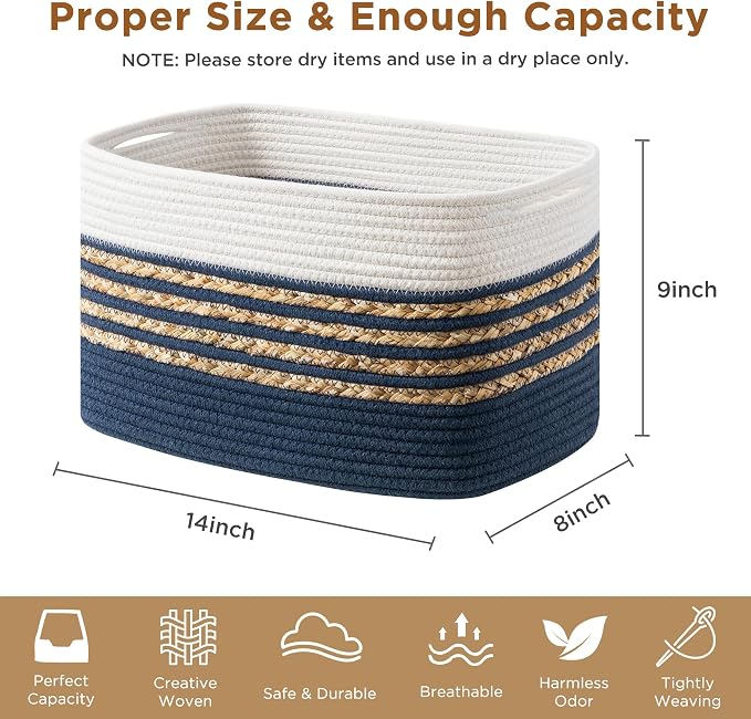 UBBCARE 1 Pack Baskets for Organizing, Woven Storage Baskets for Toys and Towel, Rectangle Cotton Rope Basket with Handles, 14''L x 8''W x9''H, Navy Blue - Image 2