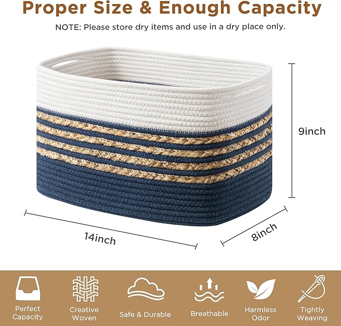 UBBCARE 4 Pack Baskets for Organizing, Woven Storage Baskets for Toys and Towel, Rectangle Cotton Rope Basket with Handles, 14''L x 8''W x9''H, Navy Blue - Image 2