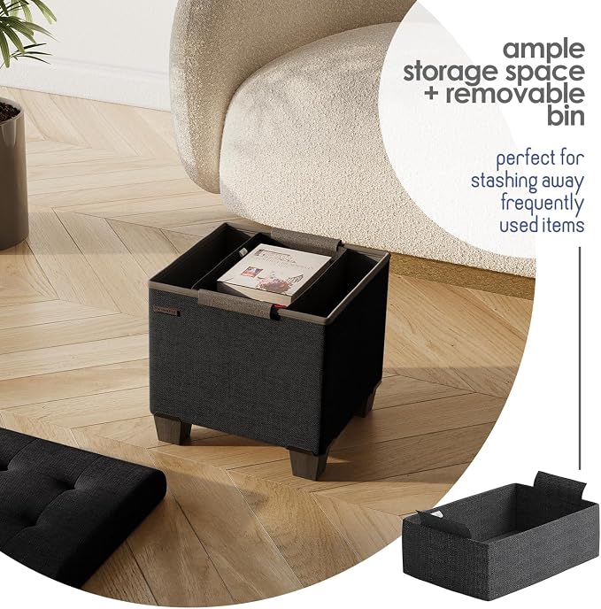 Storage Ottoman Cube with Small Bin, 15-in Square Ottoman with Storage for Living Room and Bedroom, Small Ottomans Foot Rest, Fabric Foot Stools Ottomans Max 330lbs, Black - Image 3