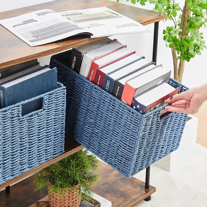 Wicker Storage Basket, Set of 2 Hand-Woven Paper Rope Wicker Basket, Large Storage Baskets for Organizing Toilet Paper, Foldable Cube Storage Organizer Bins for Shelves (Blue) - Image 6