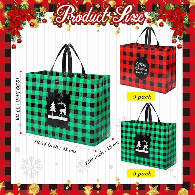 Colarr 18 Pcs Extra Large Christmas Tote Bags with Handle Christmas Gift Bag Non Woven Red Green Buffalo Plaid Waterproof Reusable for Winter Xmas Holiday Wedding Party Supplies, 16.5''x 13 "x 7'' - Image 3