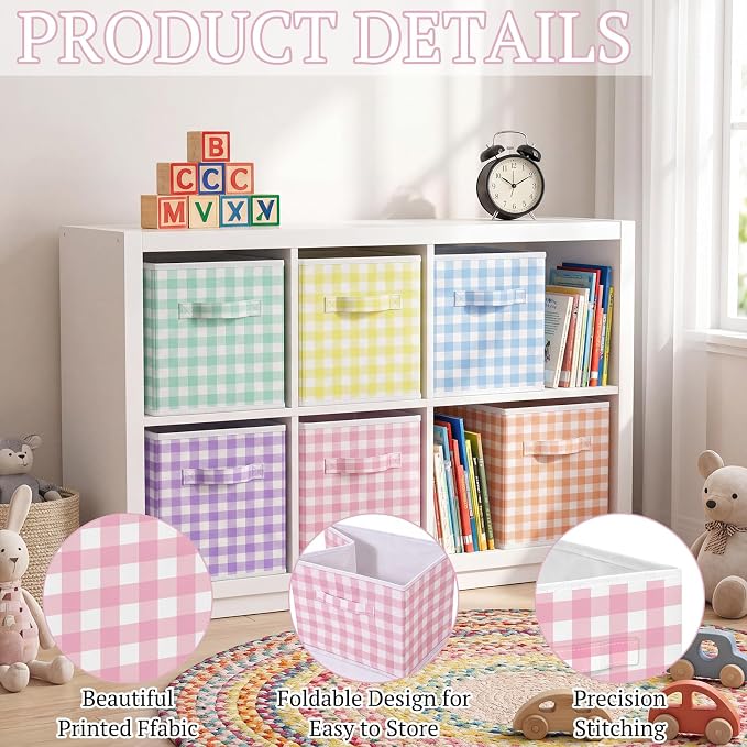 Yalikop 6 Pcs Colorful Gingham Cube Storage Bins, 11 Inch Fabric Checkered Classroom Storage Bins Organizer with Handle Preppy Collapsible Cubby Basket for Classroom Home Nursery Playroom Bedroom - Image 5