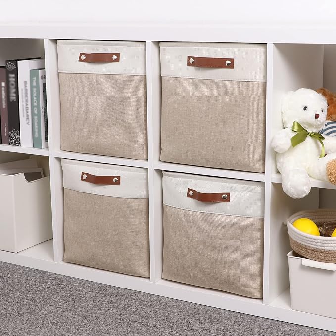 Temary Cube Storage Bins 13x13 Fabric Storage Cubes Baskets Set Of 4 Cloth Baskets for Shelf, Large Bin Empty Basket for Organizing, Shelf Basket (White&Khaki) - Image 6