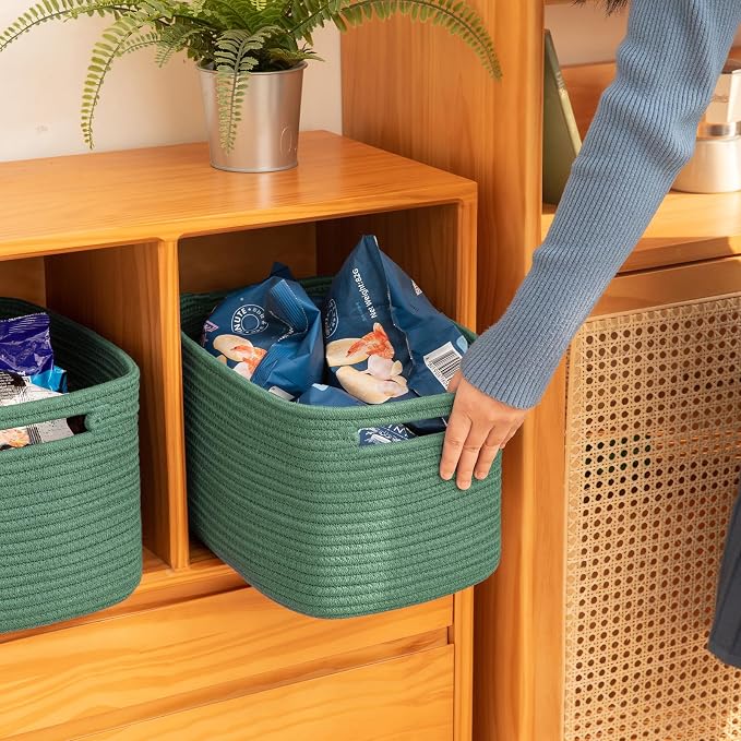 OIAHOMY 4 Pack Storage Baskets for Organizing 15L Cube Storage Bins Green | Woven Baskets for Storage Rectangle Small Baskets With Handles Baskets for Shelves Wicker Baskets for Shelves 12.7x9x7.8inch - Image 4