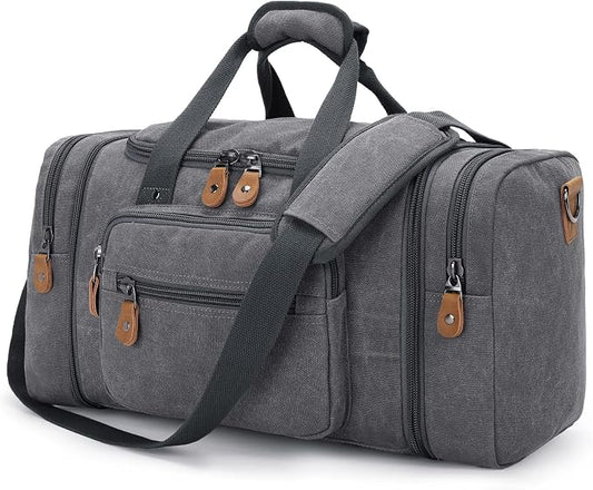 Gonex Canvas Duffle Bag, Expandable 60L Travel Overnight Weekender Bag | for Men, Multiple Pockets, Tear-Resistant, Durable Zippers, Detachable Strap, Gray by Gonex