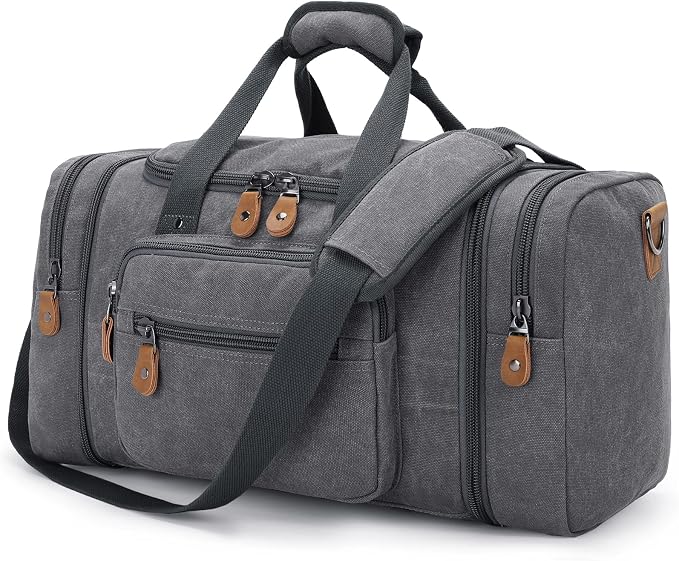 Gonex Canvas Duffle Bag, Expandable 60L Travel Overnight Weekender Bag | for Men, Multiple Pockets, Tear-Resistant, Durable Zippers, Detachable Strap, Gray by Gonex