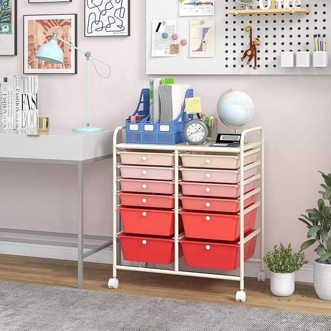 Giantex 12 Drawer Rolling Storage Cart Tools Scrapbook Paper Office School Organizer (Pink Gradient) - Image 2