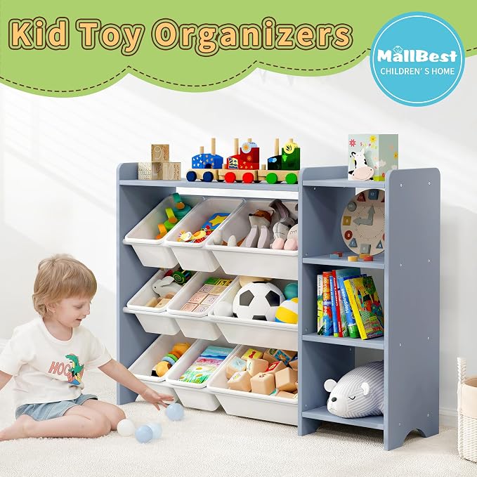 MallBest Kids Toy Storage Organizer with Bins, Solid Pine Wood Frame Toy Storage Cabinet and Kids Bookshelf, 3-Tier Playroom Organizer for Kids Room, Nursery and Bedroom,Grey-Single - Image 4