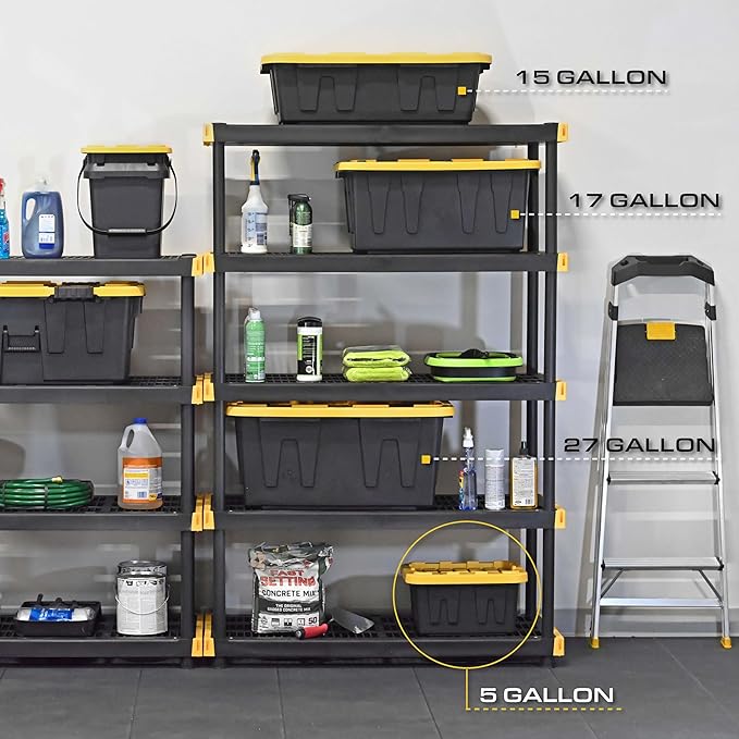 BLACK & YELLOW 5-Gallon Stackable Plastic Storage Bins with Lids, 4 Pack | Small heavy-duty storage totes for garage, closet, classroom & home organization, 8.6H x 12.3W x 16.4D, Black & Yellow, - Image 3