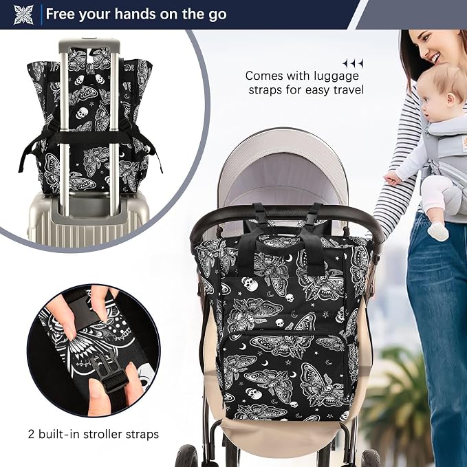 MNSRUU Diaper Bag Moth Skull Moon Esoteric Diaper Bag Backpack Multifunction Travel Diaper Bag Tote Large Capacity Diaper Changing Backpacks for Moms Dads - Image 4