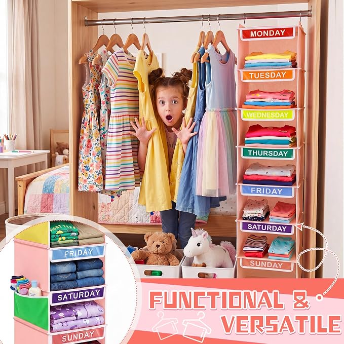 2 Pcs 7 Shelf Weekly Clothes Organizer for Kids Hanging Closet Organizer 11. 8 x 11. 8 x 50 Inch Daily Activity Kids Clothes Storage Drawers Cube Drawers Closet Hanging Shelves(Orange Pink) - Image 4