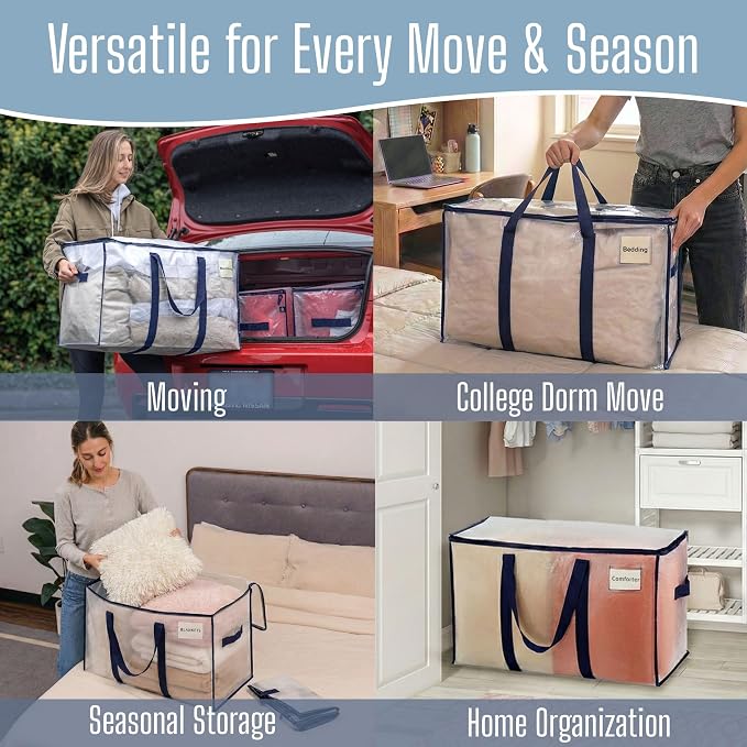 VENO 4 Pack Heavy Duty Moving Bags, Extra Large Storage Bags with Reinforced Handles & Strong Zippers, Foldable & Reusable Moving Box Alternative for Clothes & Dorm Storage - Image 6