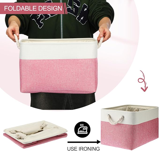meekoo 8 Pack Collapsible Storage Bins Fabric Storage Bins Polyester Fabric Baskets with Handles Linen Closet Organizer for Shelf Home Closet Towels Toys(15 x 11 x 9.5 in,Pink White) - Image 6