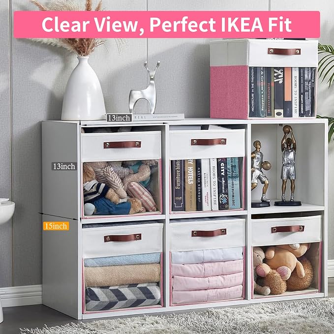 Storage Cubes, 4 Pack Linen Foldable Storage Bins with Clear Window and 2 Handles, 13x15x13 Storage Cube Bins for Shelf Closet, Kallax, Clothes, Books - (Pink / Off-White) - Image 2
