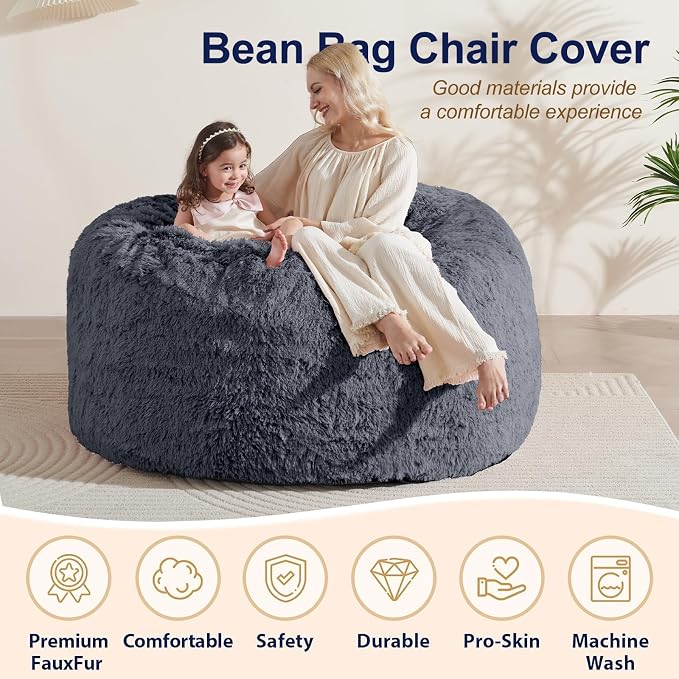 Bean Bag Chair Cover(No Filler) Soft Faux Fur Stuffed Animal Bean Bag Storage, Fluffy Plush Bean Bag Chair Cover Washable, Comfy Bean Bag Chairs for Adults, 6FT, Dark Grey - Image 4