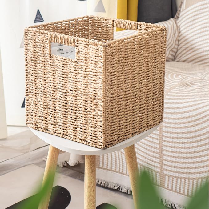 Foldable Storage Cube Bins Set of 4, Paper Woven Square Baskets, Natural, 11" x 11" x 11" - Image 5