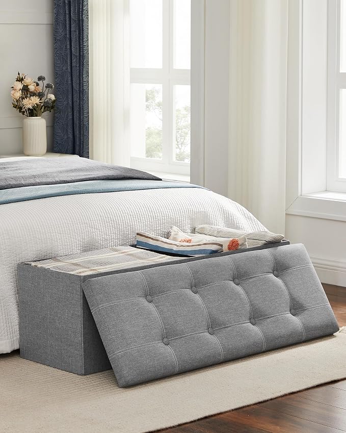 SONGMICS MAZIE Collection - 43 Inches Ottoman Storage Bench, 35 Gal. Folding Chest with Breathable Linen-Look Fabric, Load up to 660 lb, for Entryway, Living Room, Bedroom, Light Gray ULSF077G05 - Image 4