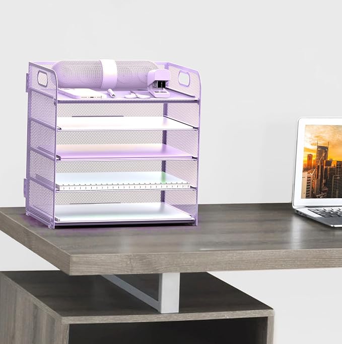 Letter Tray Paper Organizer 5-Tier Desk Organizer File Organizer Paper Holder with Handle, Metal Desktop Document Shelf Tray Office Classroom Organization - Purple - Image 5