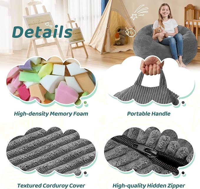 2.5FT Bean Bag Chair,Teardrop Bean Bags with Memory Foam Filled | Beanbag Chairs with Handle,Teardrop Bean Bag Sofa with Corduroy Machine Washable Cover for Living Room,Bedroom-Grey - Image 5