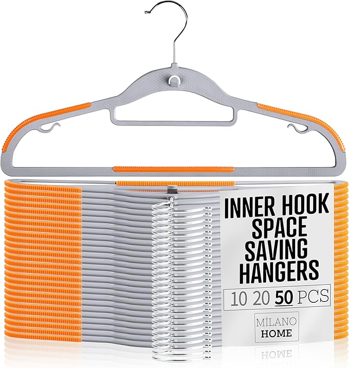 Plastic Hangers 50 Pack, Cascading Slim Space Saving Clothing Hangers with 360° Rotating Hook, Non Slip Clothes Hangers for Sweater Shirt, Heavy Duty Coat Hanger with Inner Hook for Closet, Grey by milanohome