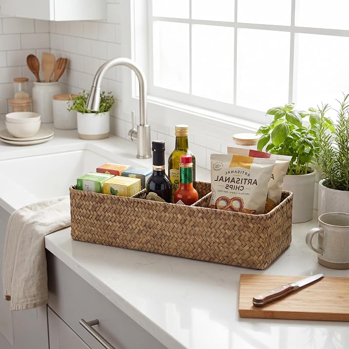 StorageWorks Toilet Paper Basket with Lid, Back of Toilet Baskets, Seagrass | Wicker Basket, Toilet Paper Storage for Back of Toilet Tank, Woven Baskets for Shelves, Wicker Baskets with 3 Compartments - Image 7