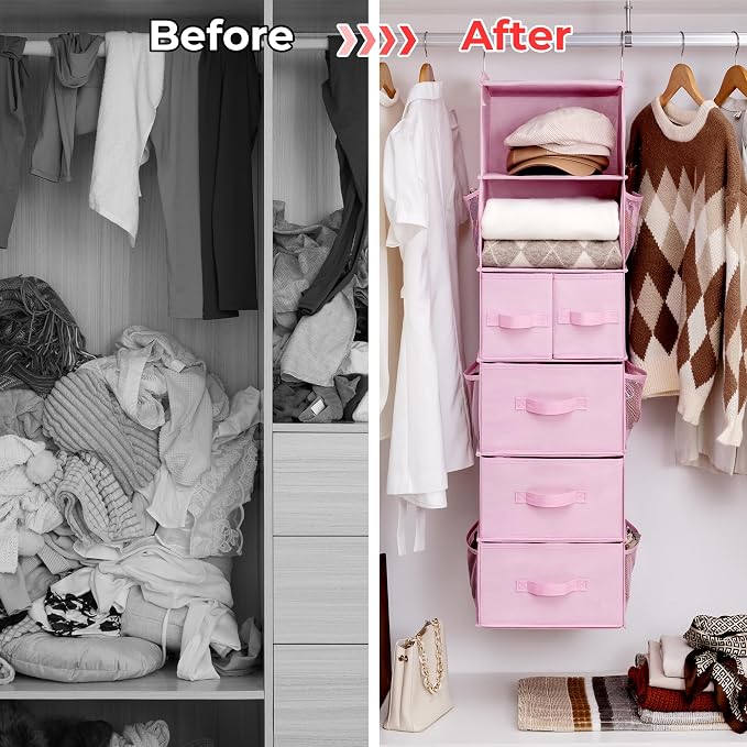 GRANNY SAYS Hanging Closet Organizer, 5 Drawers, 6 Shelves, 6 Pockets, Pink | Hanging Closet Organizer with 5 Different Drawer Designs, 6 Shelves & Reinforced Structure for Organized Small Spaces - Image 7