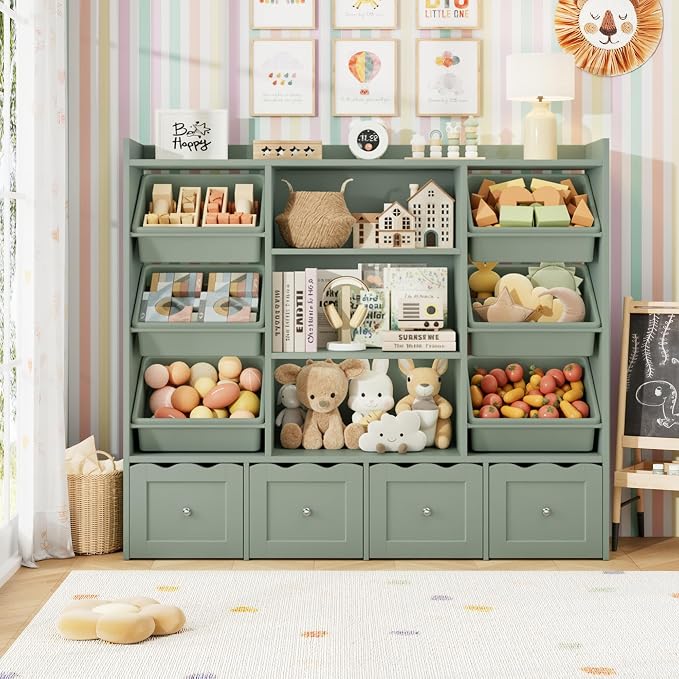 HITHOS 55" W Kids Toy Storage Organizer with 10 Toy Box & Book Shelf, Green | Large Toy Organizers and Storage with Kids Bookshelf & 6 Plastic Toy Chests & 4 Movable Drawers for Kids Room, Playroom - Image 8