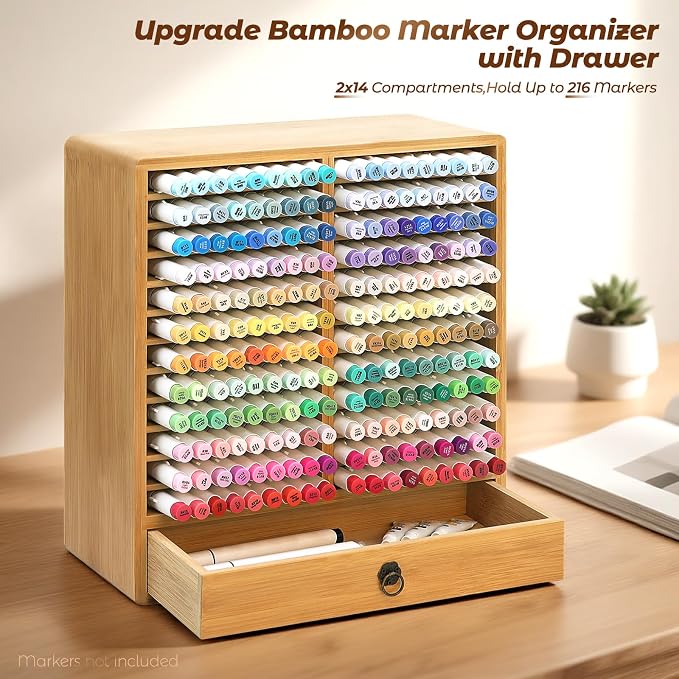 Marker Organizer, 24 Slots Wooden Storage for Up to 216 Markers with Drawer | Art Supply Alcohol Pen Storage Desktop Bamboo Marker Holder,Keeping Color Visible,Easy to Reach in Home Office and Classroom. - Image 2